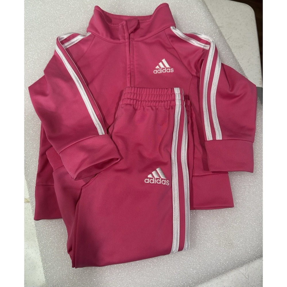 adidas Pink 2-Piece Tracksuit Set Jacket & Pants Logo Striped Accents Size 12M